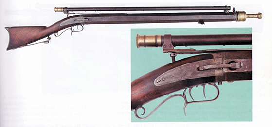 A .55 caliber H. V. Perry mule ear benchrest rifle, 30-inch octagon barrel 1.915 across the flats, rifle weighs 29 pounds with scope. Photo from the Devine auction catalog, 2002.